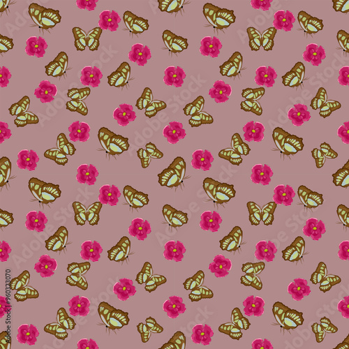 Pink Blooms and Brown Butterflies A Soft and Dreamy Floral-Insect Harmony on a Pastel Background seamless pattern vector illustration for wallpaper, textiles, fabric and designer packaging.