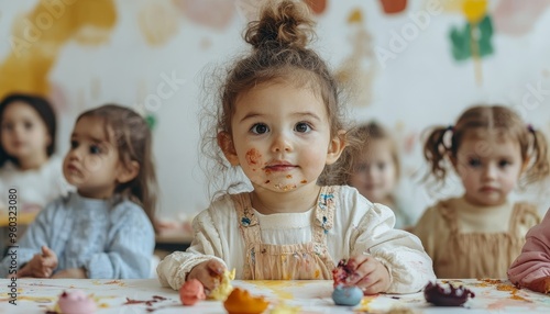 A group of young children engaged in creative play with paint and crafts, showcasing joy and artistic expression.