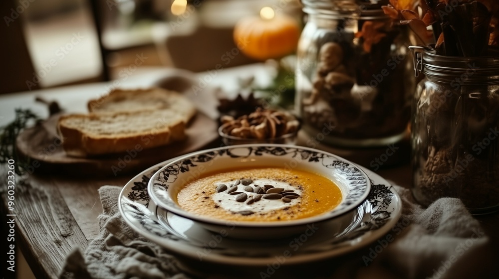 Cozy Pumpkin Soup with Rustic Bread and Seeds – Autumn Comfort Food Cozy Pumpkin Soup with Rustic Bread and Seeds – Autumn Comfort Food
