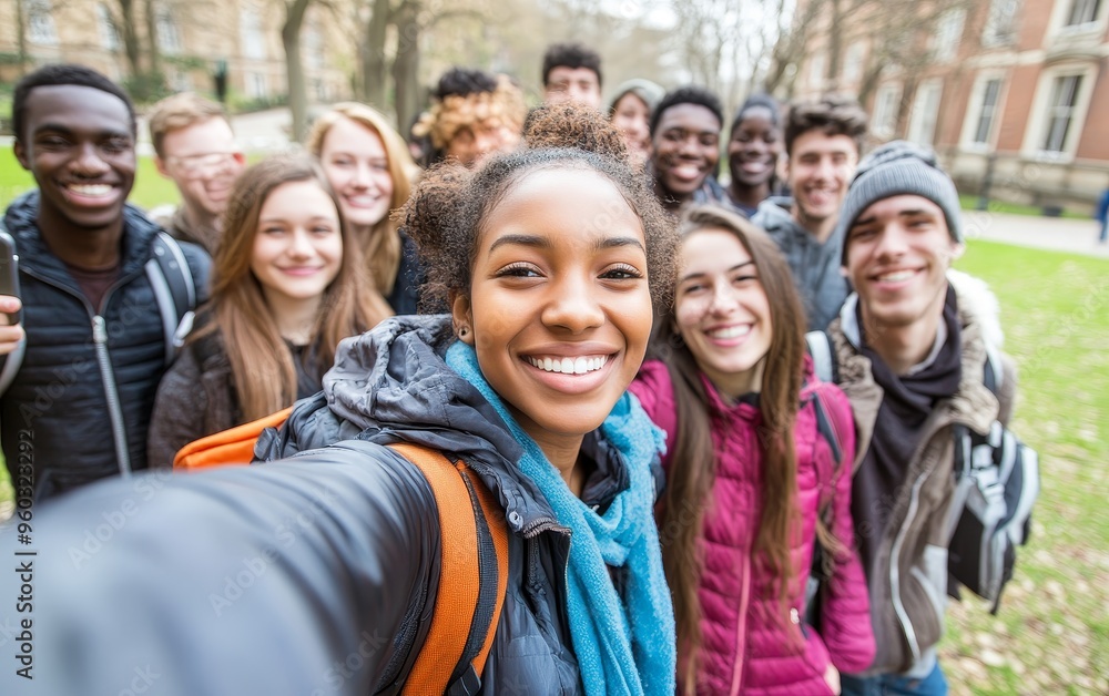 A cheerful group selfie of diverse young people enjoying a sunny day outdoors, showcasing friendship and community spirit. A cheerful group selfie of diverse young people enjoying a sunny day outdoors, showcasing friendship and community spirit.