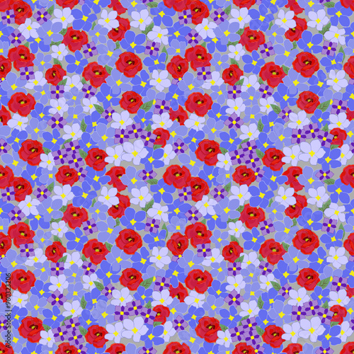 Vivid Red and Blue Floral Symphony flower fild  A Bold and Colorful Expression of Natural Beauty seamless pattern vector illustration for wallpaper, textiles, fabric and designer packaging.