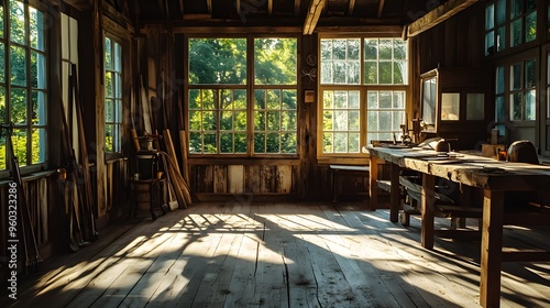 Afternoon sunlight streaming through high windows, creating patterns on the floor, rustic wooden tables piled with farm tools, cobwebs in the corners, earthy tones, evoking a sense of timeless rural