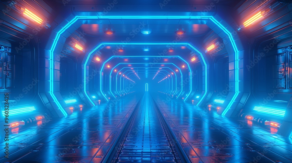 Bright neon night in a cyberpunk city. Photorealistic 3d illustration of the futuristic city. Empty street with blue neon lights Bright neon night in a cyberpunk city. Photorealistic 3d illustration of the futuristic city. Empty street with blue neon lights