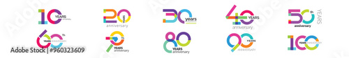 Colorful Anniversary Logo Template Bundle. 10 - 100 th years
