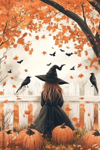 Cute witch in a Halloween-themed yard with pumpkins, autumn leaves, and flying bats photo