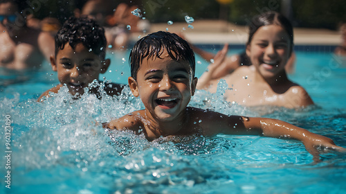 Parents and children swimming together in a community pool, splashing and having fun 