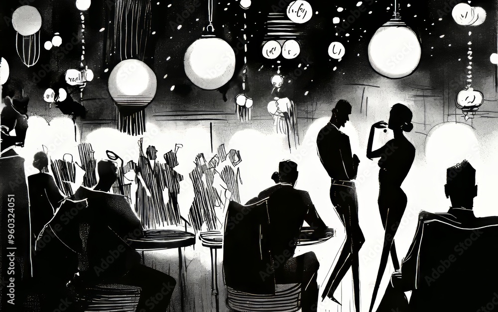 Stylized black and white illustration of a glamorously lit bar scene. Stylized black and white illustration of a glamorously lit bar scene.