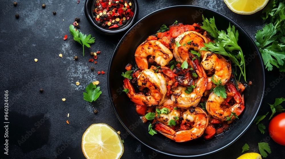 Delicious black shrimp dish with hot sauce, lemon, and herbs on a dark background, top view. Premium food concept for a cooking magazine or restaurant menu Delicious black shrimp dish with hot sauce, lemon, and herbs on a dark background, top view. Premium food concept for a cooking magazine or restaurant menu