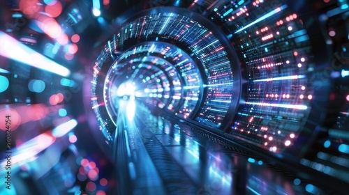 A vibrant and futuristic tunnel of light, showcasing bright colors and dynamic motion, symbolizing speed and technology.