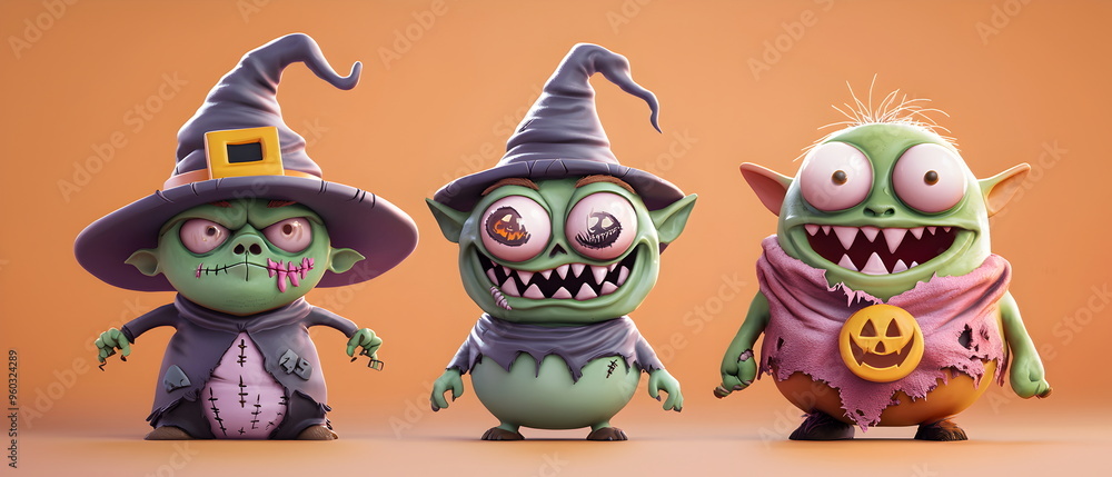 A vector set of 3 Halloween characters in 3d clay design, including a Zombie, a Goblin with the silly face, and an cute Ogre, adorable and festive, isolated on a clean pastel color background A vector set of 3 Halloween characters in 3d clay design, including a Zombie, a Goblin with the silly face, and an cute Ogre, adorable and festive, isolated on a clean pastel color background