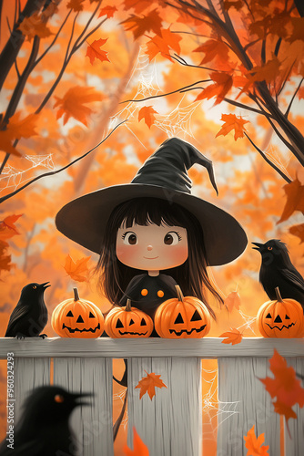 Cute witch in a Halloween-themed yard with pumpkins, autumn leaves, and flying bats photo