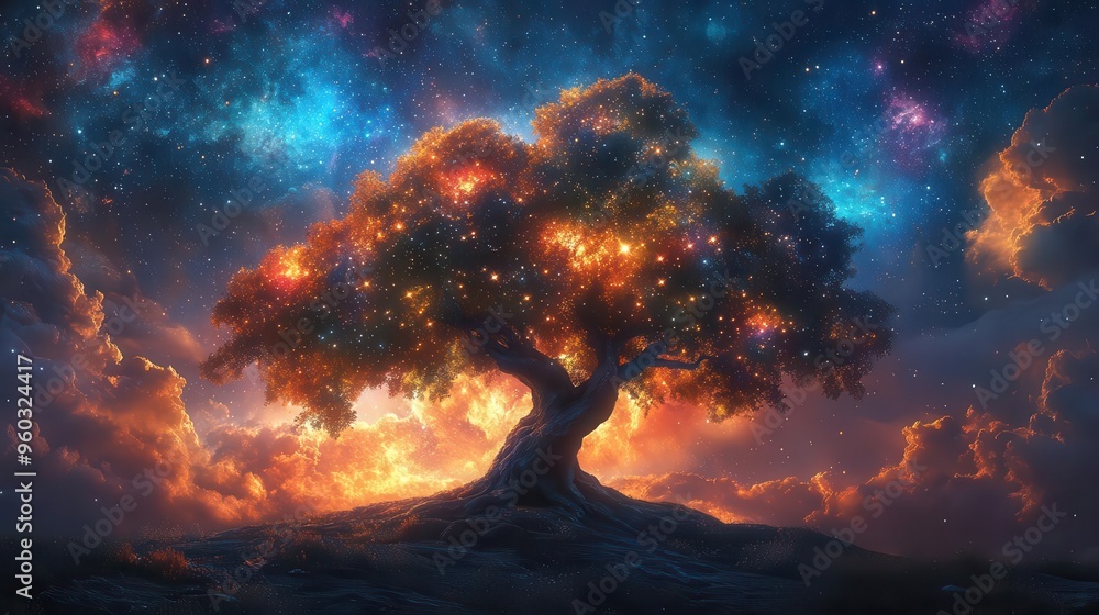 cosmic tree with starshaped leaves stretching across a nebulafilled sky blending nature and space imagery cosmic tree with starshaped leaves stretching across a nebulafilled sky blending nature and space imagery