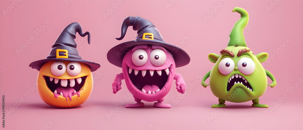 Obraz premium A vector set of 3 Halloween characters in 3d clay design, including a Zombie, a Goblin with the silly face, and an cute Ogre, adorable and festive, isolated on a clean pastel color background