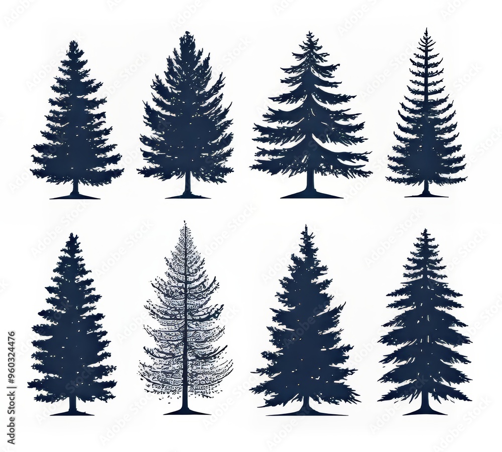 Obraz premium Collection of eight diverse pine tree silhouettes on a white background.