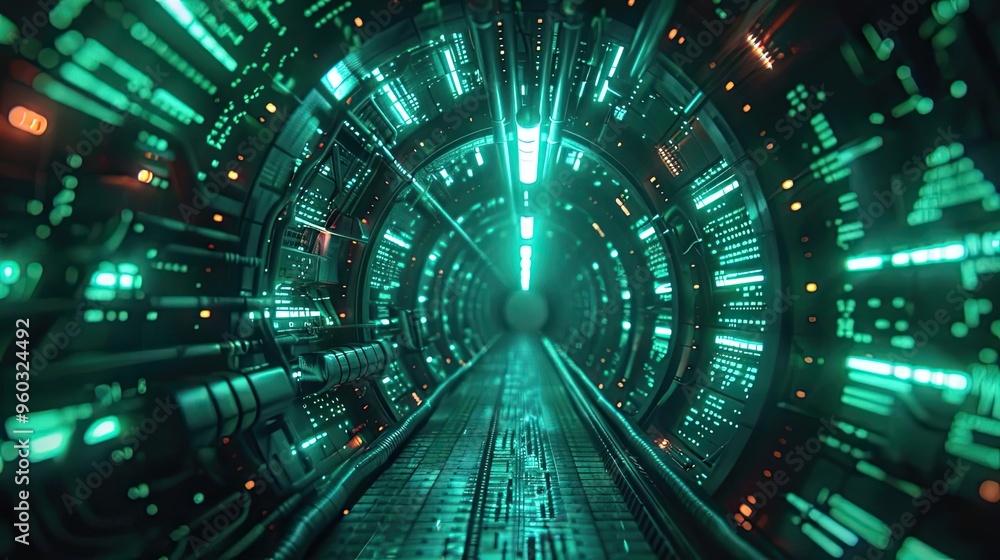 Futuristic tunnel with glowing green lights and digital patterns, creating a sci-fi atmosphere ideal for tech-themed projects. Futuristic tunnel with glowing green lights and digital patterns, creating a sci-fi atmosphere ideal for tech-themed projects.