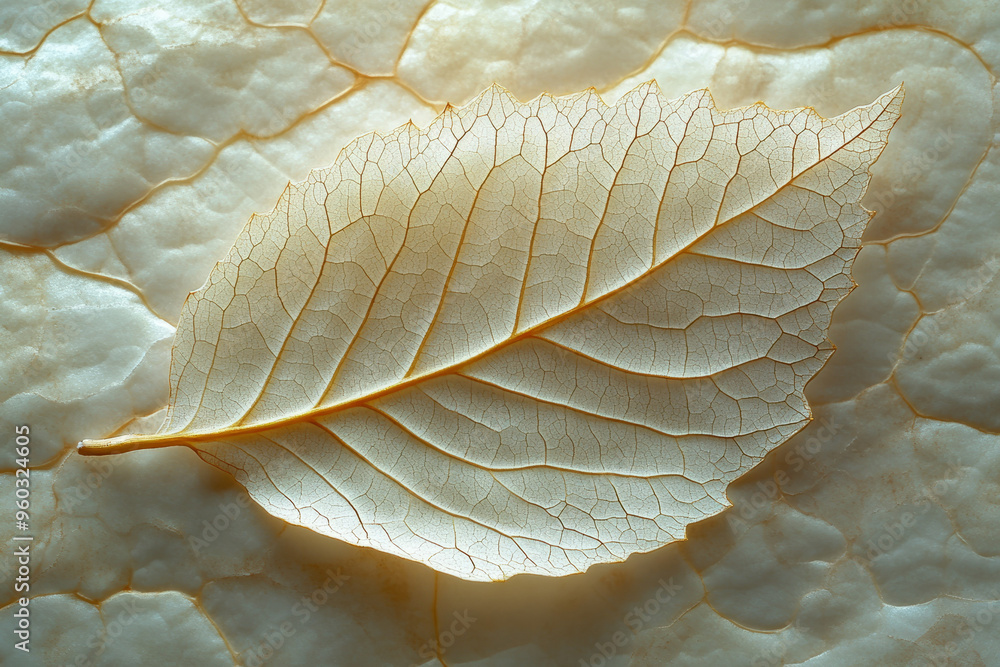 Obraz premium The delicate veins of a leaf illuminated from behind, revealing a network of lines and patterns, set against a pastel beige background,