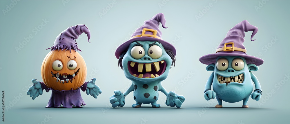 A vector set of 3 Halloween characters in 3d clay design, including a Zombie, a Goblin with the silly face, and an cute Ogre, adorable and festive, isolated on a clean background A vector set of 3 Halloween characters in 3d clay design, including a Zombie, a Goblin with the silly face, and an cute Ogre, adorable and festive, isolated on a clean background