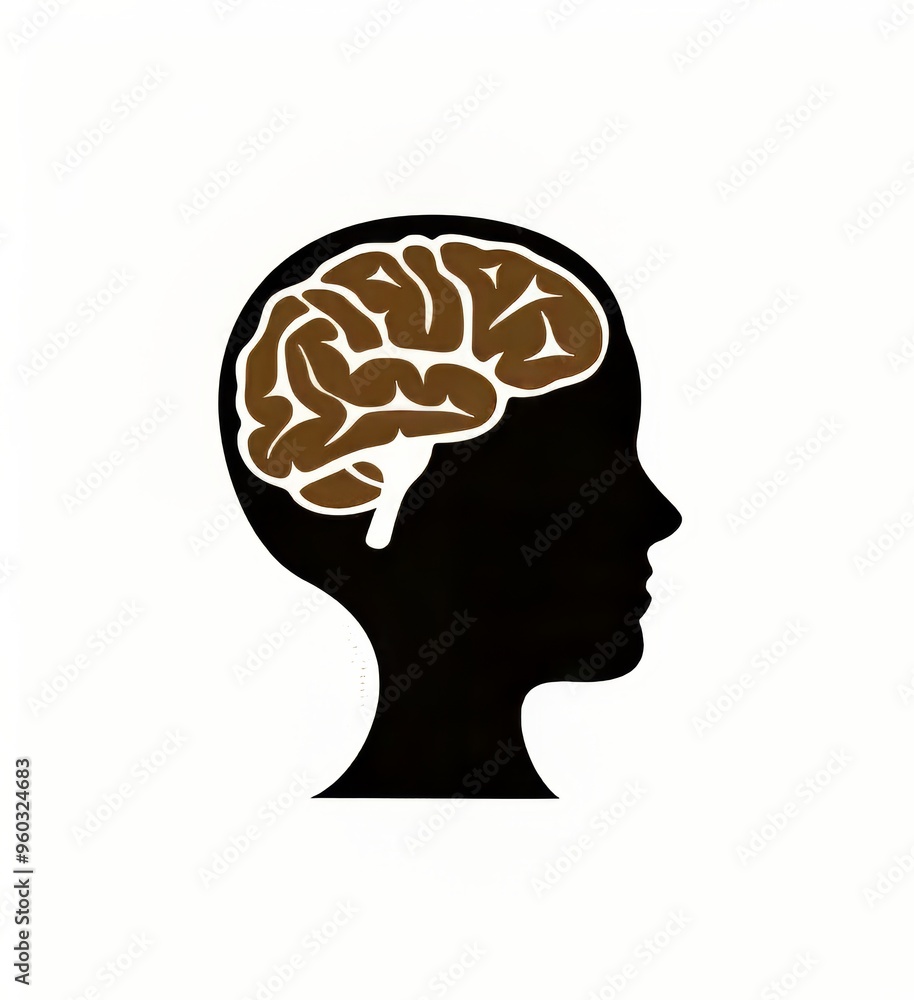 Artistic silhouette of a human head with a brain illustration in brown. Artistic silhouette of a human head with a brain illustration in brown.