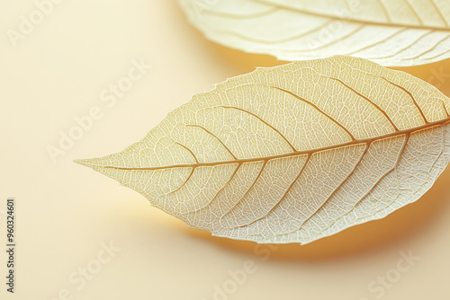 The delicate veins of a leaf illuminated from behind, revealing a network of lines and patterns, set against a pastel beige background,