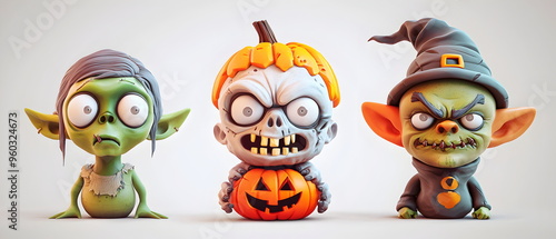 A vector set of 3 Halloween characters in 3d clay design, including a Zombie, a Goblin with the silly face, and an cute Ogre, adorable and festive, isolated on a clean background