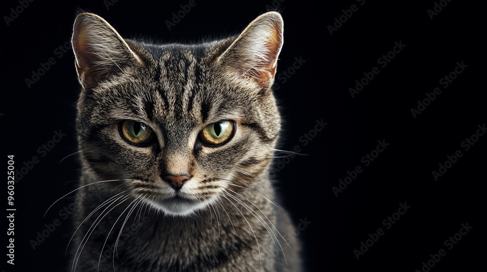A realistic cat with beautiful eyes facing the camera in a black background. A realistic cat with beautiful eyes facing the camera in a black background.