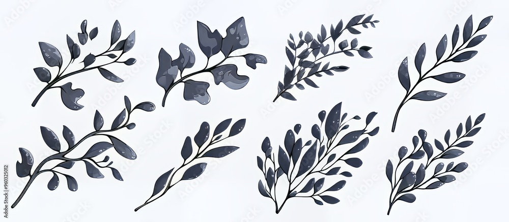 Fototapeta premium A collection of hand-drawn gray leaves and branches on a light background.