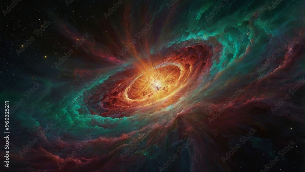 A cosmic explosion with bright red and green clouds. A cosmic explosion with bright red and green clouds.