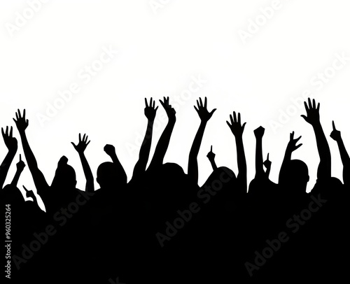 Silhouettes of an enthusiastic crowd celebrating with raised hands.