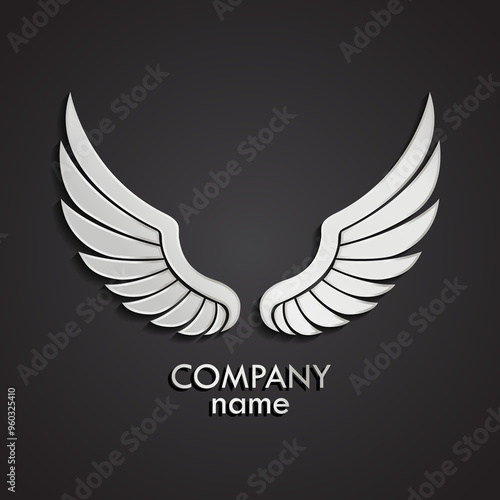 wings 3d silver shiny metal logo vector illustration