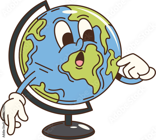 Cartoon groovy school earth globe character. Isolated vector earth planet, retro geographical map, educational item personage with surprised face, showcasing a curious and fun facial expression