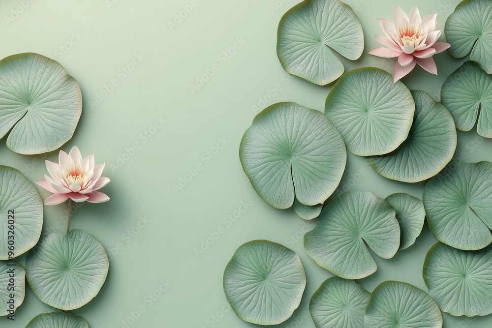 A pattern of stylized lily pads with geometric edges in pastel green and pink, floating on a soft gradient background, isolated on a pastel beige backdrop, A pattern of stylized lily pads with geometric edges in pastel green and pink, floating on a soft gradient background, isolated on a pastel beige backdrop,