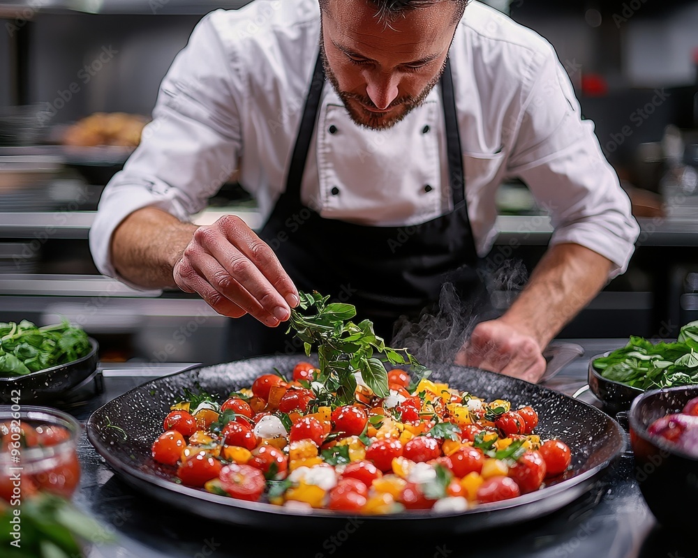 Master Chef Perfectly Garnishing Culinary Dish with Fresh Herbs in Upscale Restaurant Setting Master Chef Perfectly Garnishing Culinary Dish with Fresh Herbs in Upscale Restaurant Setting
