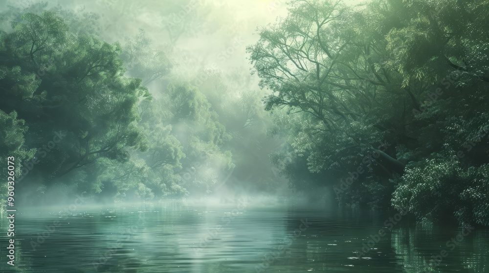 tranquil misty riverbank surrounded by lush green trees serene nature scenery digital painting tranquil misty riverbank surrounded by lush green trees serene nature scenery digital painting