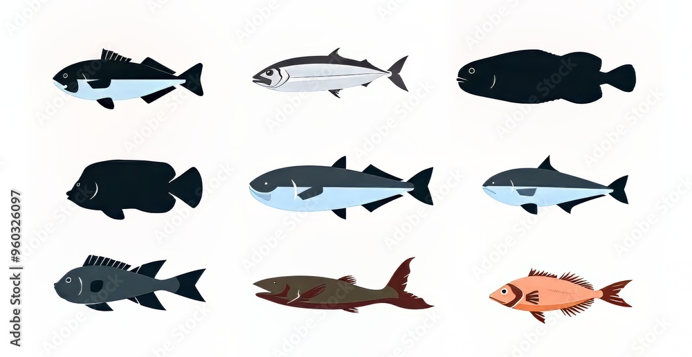 Colorful illustrations of various fish species on a light background. Colorful illustrations of various fish species on a light background.