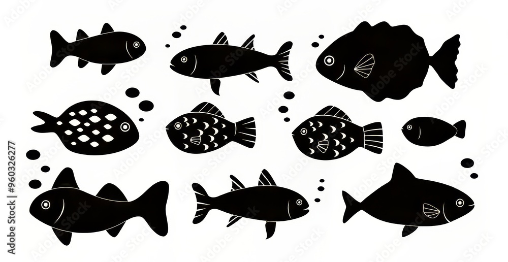 A playful array of cartoon-style fish in various shapes and sizes. A playful array of cartoon-style fish in various shapes and sizes.