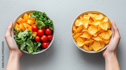 Healthy Salad vs Junk Food Chips in Contrasting Hands