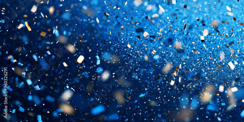 Fototapeta Naklejka Na Ścianę i Meble -  Blue confetti falling on a blue background with bokeh and copy space for design.
