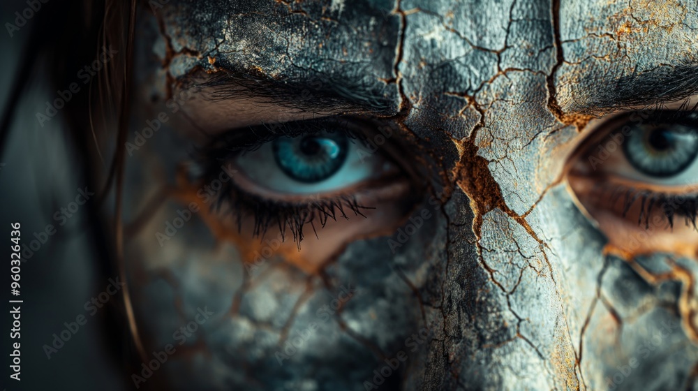 Detailed close-up of blue eyes peering through a cracked, dried, textured face with an intense, mysterious expression. Detailed close-up of blue eyes peering through a cracked, dried, textured face with an intense, mysterious expression.
