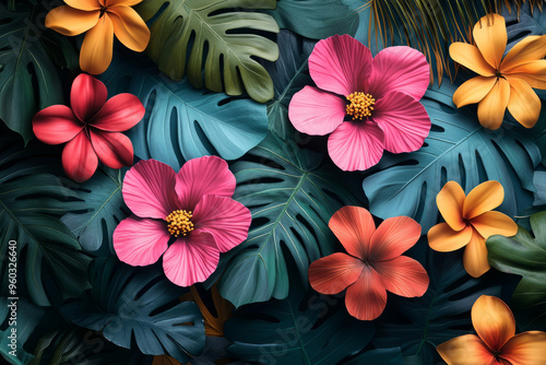 A jungle-inspired pattern of stylized tropical flowers with geometric petals in shades of pink, orange, and green, isolated on a pastel blue background,