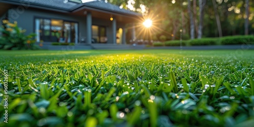 Lawn close-up against the background of a private house