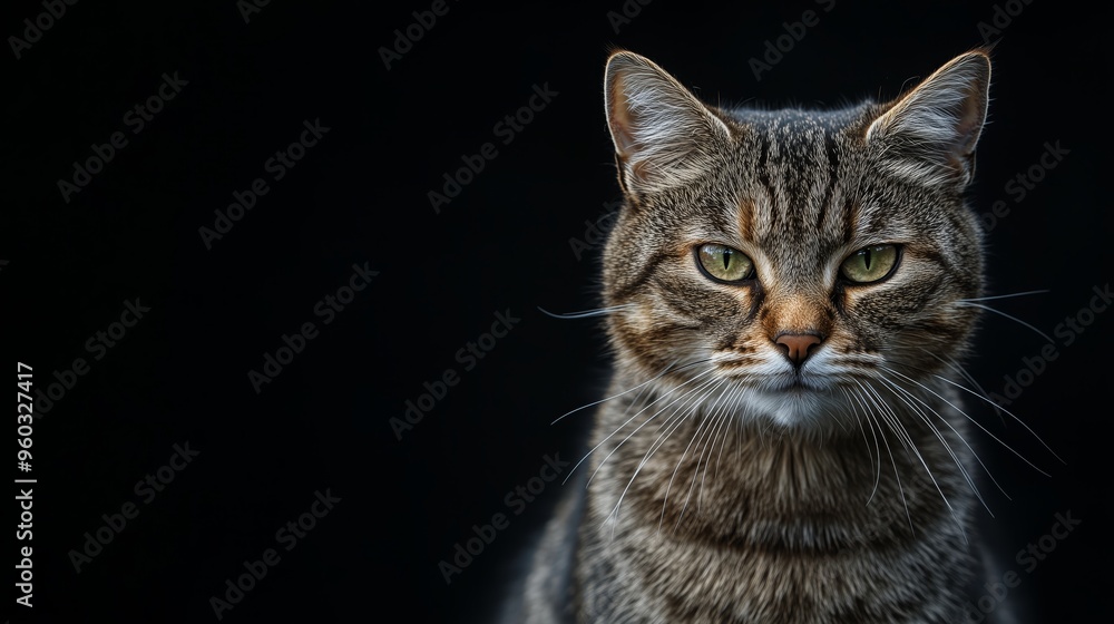 A realistic cat with beautiful eyes facing the camera in a black background. A realistic cat with beautiful eyes facing the camera in a black background.