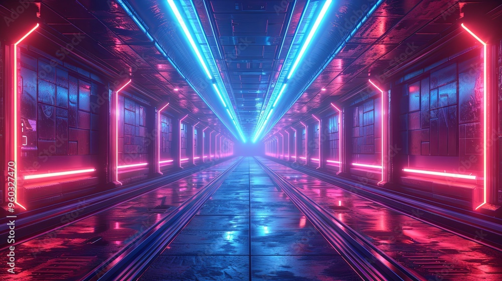Bright neon night in a cyberpunk city. Photorealistic 3d illustration of the futuristic city. Empty street with blue neon lights Bright neon night in a cyberpunk city. Photorealistic 3d illustration of the futuristic city. Empty street with blue neon lights