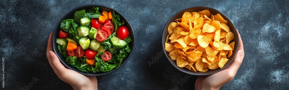 Healthy Salad vs Junk Food Chips in Contrasting Hands Healthy Salad vs Junk Food Chips in Contrasting Hands