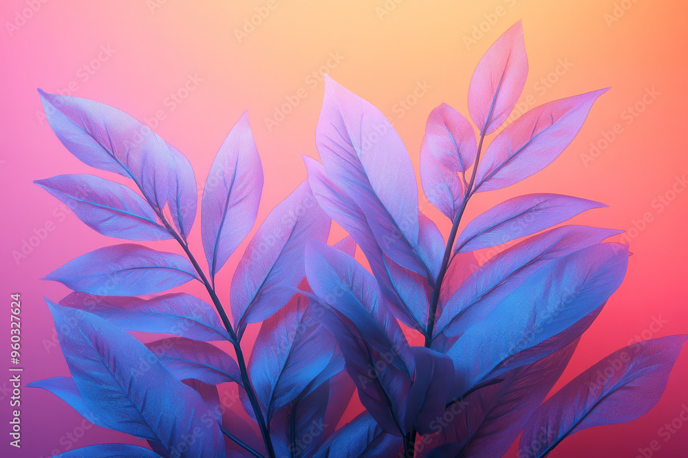 Fototapeta premium A composition of glowing fern fronds arranged in geometric patterns, in shades of neon green and pastel blue, set against a pastel pink background,