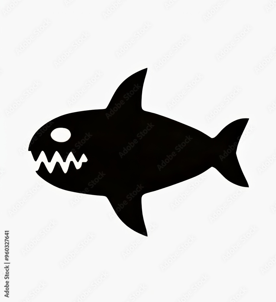A stylized black silhouette of a fierce fish with sharp teeth. A stylized black silhouette of a fierce fish with sharp teeth.