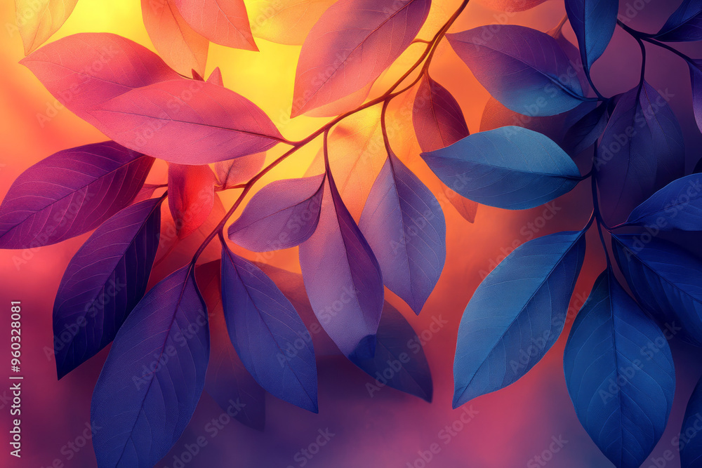 Fototapeta premium Stylized glowing leaves and vines in geometric patterns with bright neon green and purple accents, layered to create an abstract jungle canopy, isolated on a pastel beige background,