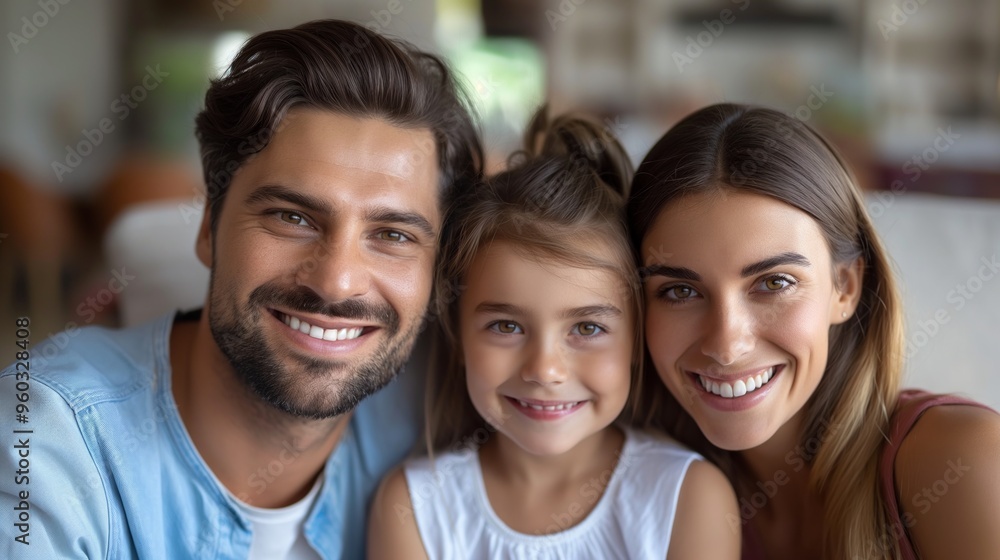 Happy family of three smiling indoors, showcasing their close bond and joy in a cozy home environment. Happy family of three smiling indoors, showcasing their close bond and joy in a cozy home environment.