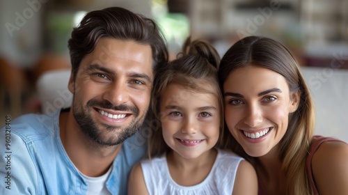Happy family of three smiling indoors, showcasing their close bond and joy in a cozy home environment.