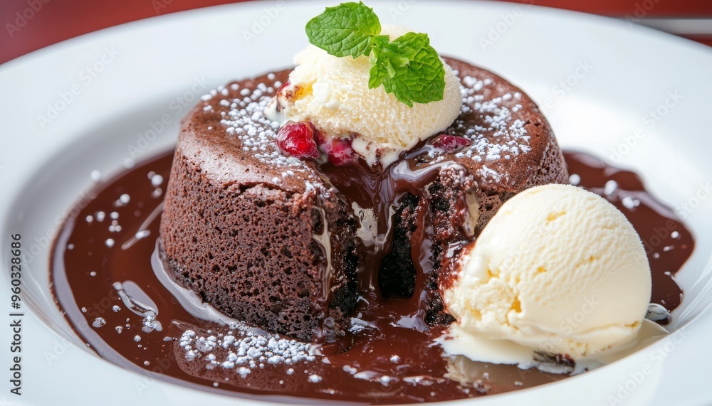 A decadent chocolate lava cake with molten chocolate oozing out, served with a scoop of vanilla ice cream A decadent chocolate lava cake with molten chocolate oozing out, served with a scoop of vanilla ice cream