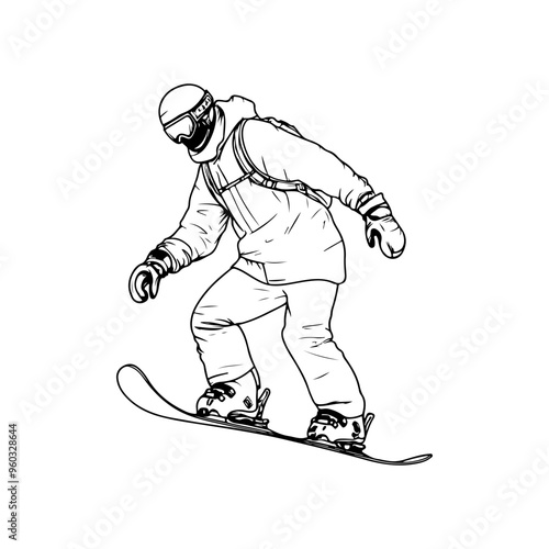 Vector Guy riding a snowboard line art. Continuous line drawing sport, winter sports, do tricks, snowboarding, competition, extreme, uniform, man, leisure, hobby black isolated on white background.